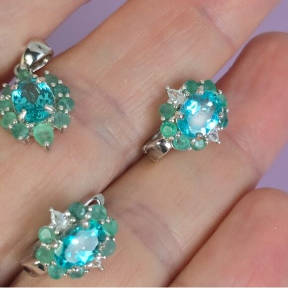 925 Sterling Silver Jewelry Set with Natural Apatite & Emerald - Picture 10 of 11